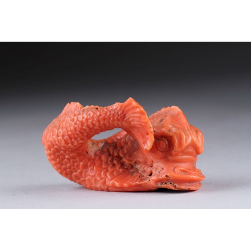 Rare Large Sicilian Trepani Carved Red Coral Figure of a Dolphin